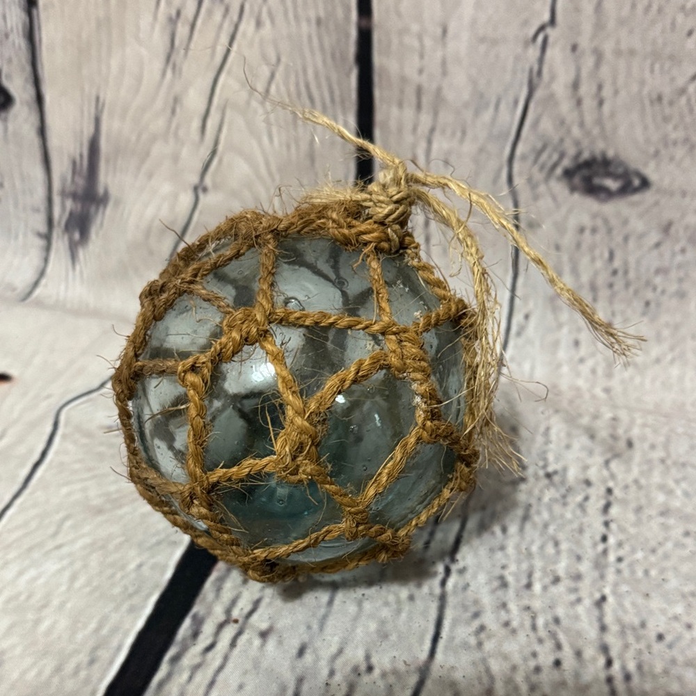 VTG Nautical 3.5” Glass Float with Rope Netting original, pale blue color glass